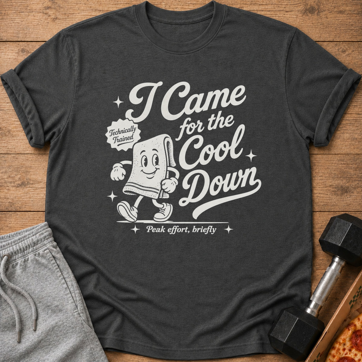Dark t-shirt with cartoon towel graphic and text: "I Came for the Cool Down"