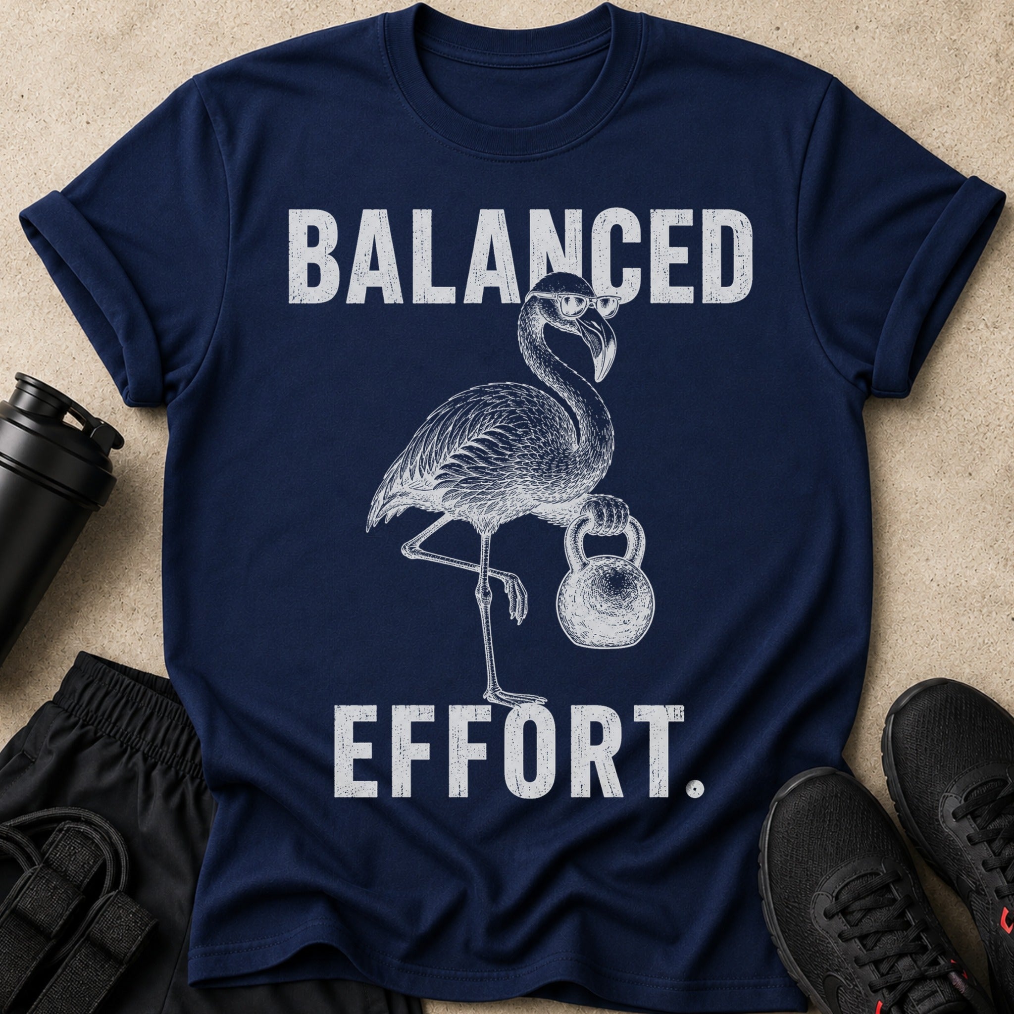 Navy t-shirt with "BALANCED EFFORT." text and a flamingo holding a kettlebell.