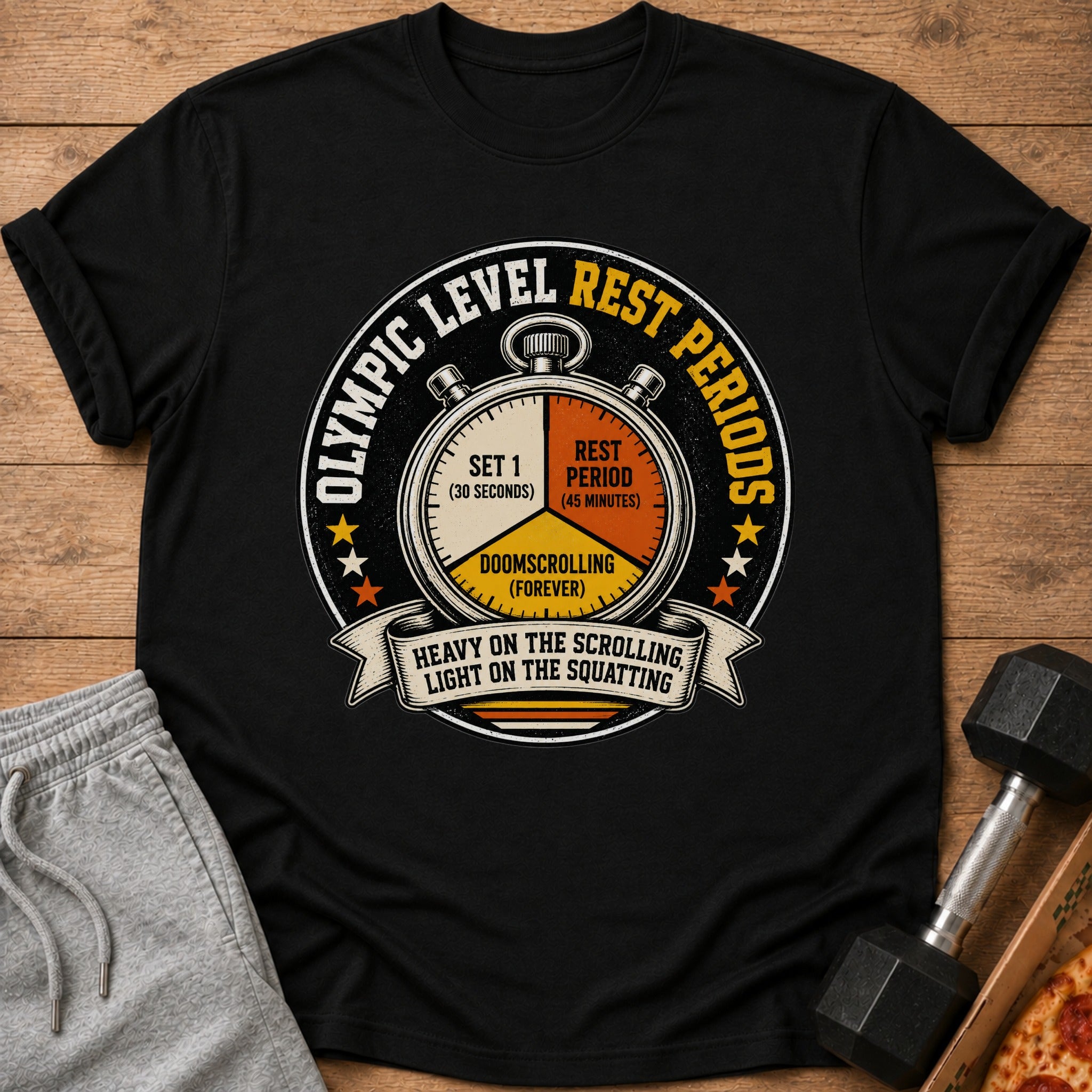 Black t-shirt with "Olympic Level Rest Periods" design featuring a stopwatch and humorous text.